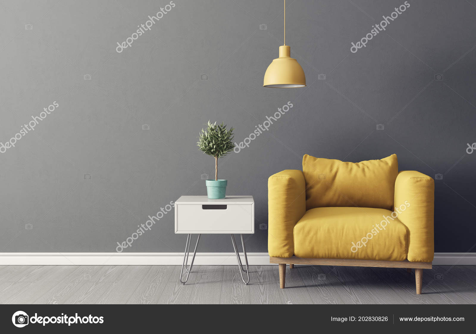 Modernes Wohnzimmer Mit Gelben Sessel Pflanze Topf Und Lampe ... Modernes Wohnzimmer Mit Gelben Sessel Pflanze Topf Und Lampe ...
