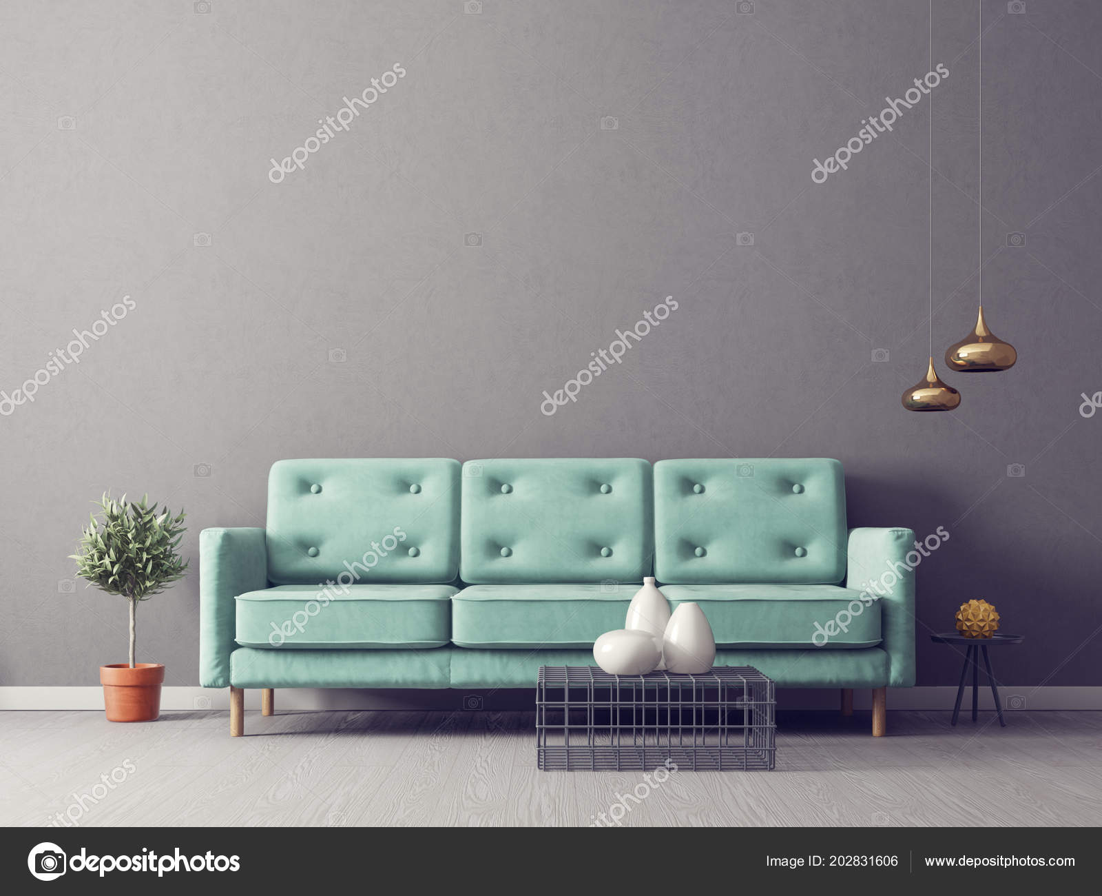 Modern Living Room Turquoise Sofa Plant Pot Lamps Stock Photo Modern Living Room Turquoise Sofa Plant Pot Lamps Stock Photo