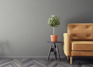 sarı koltuk ve bitki tencerede modern oturma odası