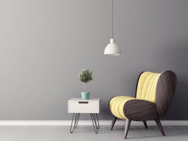 modern oturma odası ile sarı koltuğu, bitki pot ve lamba