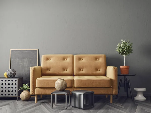 Modernes Wohnzimmer Mit Braunen Sofapflanzen Töpfen Und Dekorationen — Stockfoto