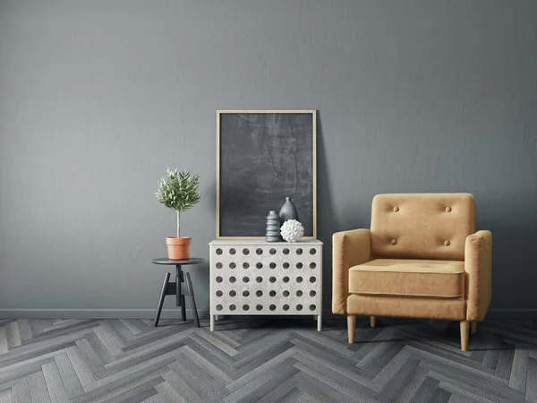 Modern Nappali Sárga Fotel Növényi Pot Chalkboard — Stock Fotó