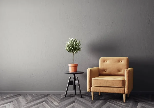 Modern Living Room Yellow Armchair Plant Pot — Stock Photo, Image