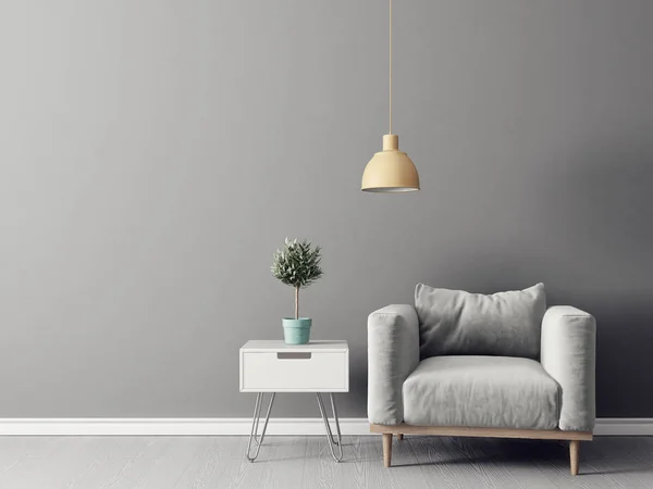 Salon Moderne Avec Fauteuil Gris Plante Pot Lampe — Photo