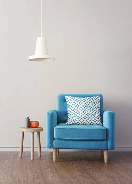 modern living room with blue armchair and lamp