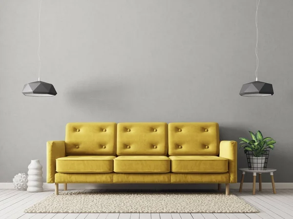 Sala Estar Moderna Com Sofá Amarelo Planta Vaso Lâmpadas — Fotografia de Stock