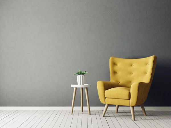 modern living room with yellow armchair and plant in pot