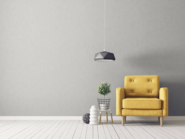 modern living room with yellow armchair, plant in pot and lamp