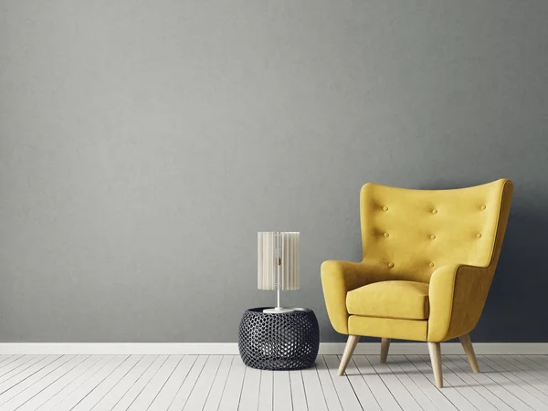 带黄色扶手椅和台灯的现代起居室 — 图库照片