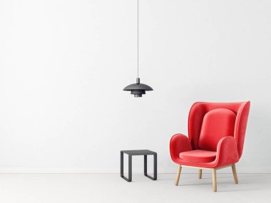 Kırmızı koltuk ve lamba, İskandinav iç tasarım mobilya modern oturma odası