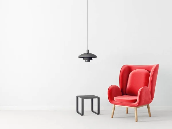 modern living room with red armchair and lamp, scandinavian interior design furniture