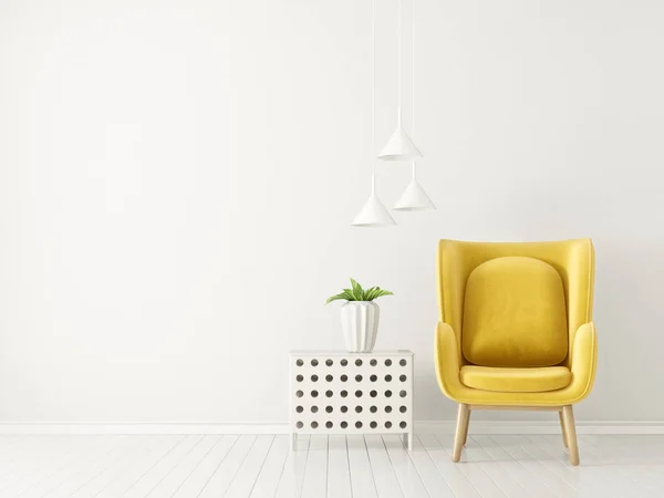 modern living room with yellow armchair and lamp, scandinavian interior design furniture