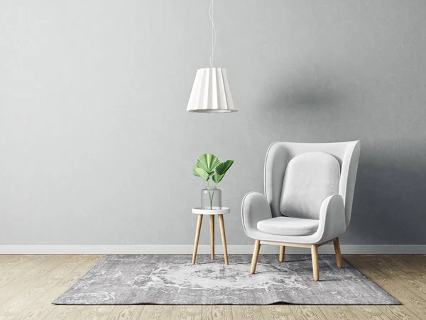 Moderne Woonkamer Met Grijze Leunstoel Lamp Scandinavische Interieur Design Meubels — Stockfoto