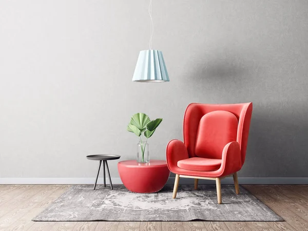 Nowoczesny Salon Czerwony Fotel Lampy Meble Skandynawskie Wzornictwo Wnętrza — Zdjęcie stockowe