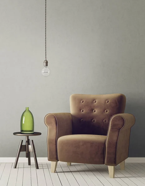 Modernes Wohnzimmer Mit Braunem Sessel Und Lampe Skandinavische Einrichtungsmöbel — Stockfoto