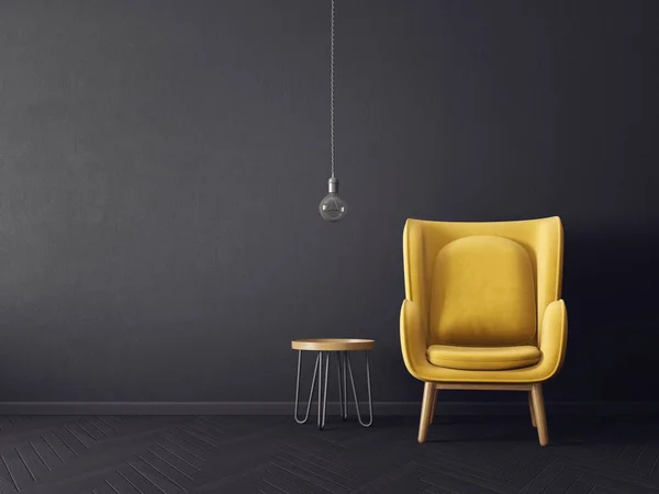 现代客厅与黄色扶手椅和灯 斯堪的纳维亚室内设计家具 — 图库照片