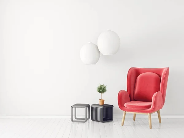 Moderna Sala Estar Con Sillón Rojo Lámpara Muebles Escandinavos Diseño —  Fotos de Stock