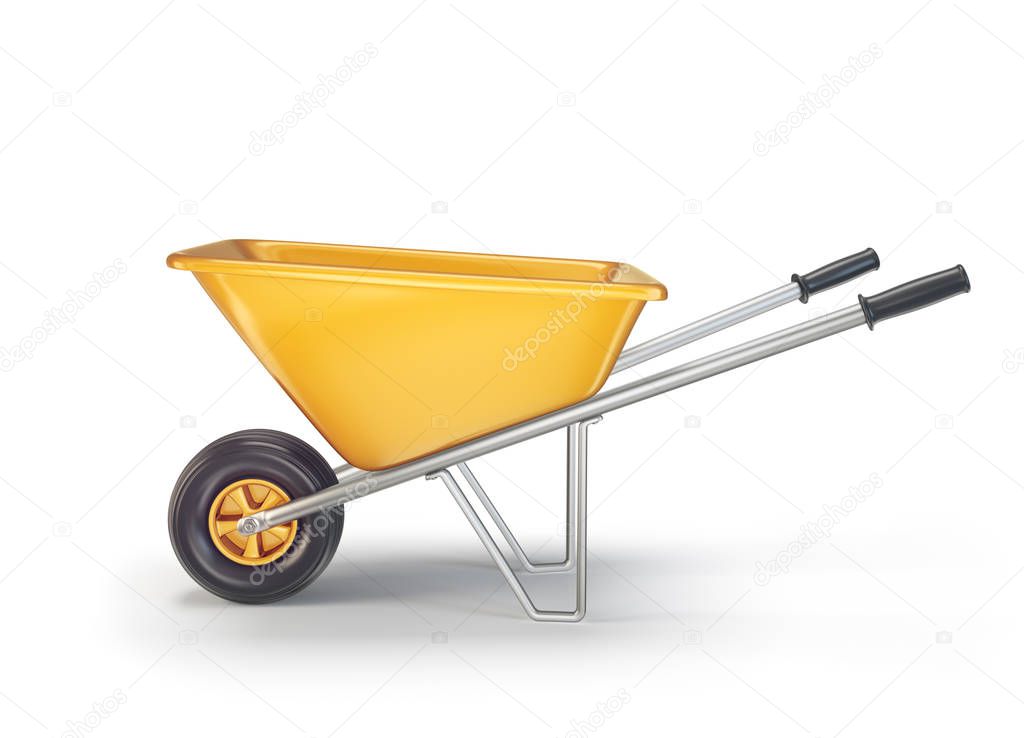yellow wheelbarrow isolated on white background