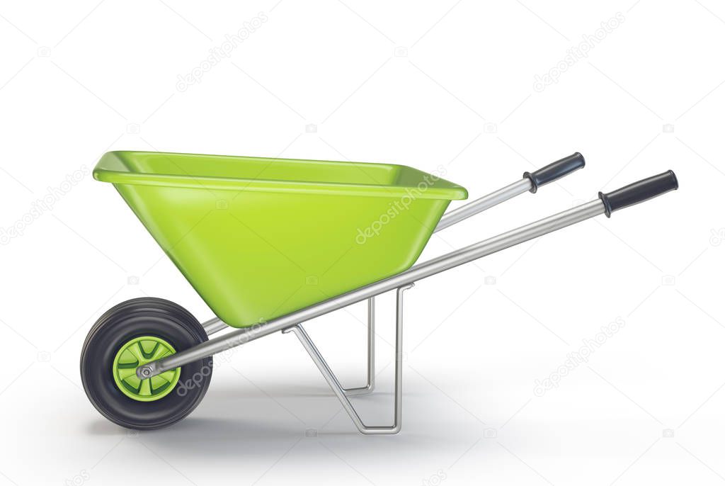 green wheelbarrow isolated on white background