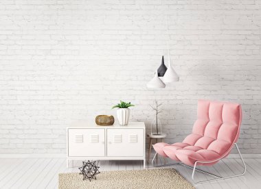 pastel pembe tekli, raf ve lamba beyaz tuğla duvar arka plan ile modern oturma odası