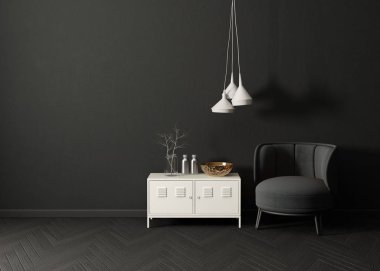 Modern karanlık oturma odası siyah tekli, beyaz masa ve lambalar