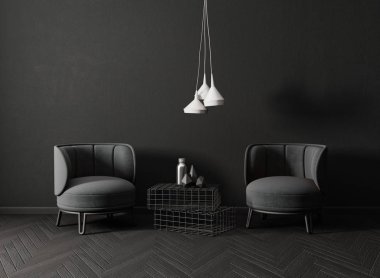 Modern karanlık oturma odası siyah koltuklar, Sim masa ve beyaz lamba