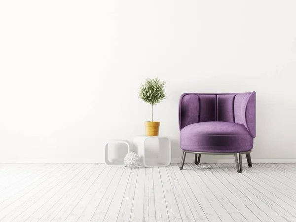 现代起居室 带紫色扶手椅 白色立方体和花瓶 — 图库照片