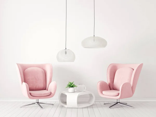 Moderno Salón Con Sillones Rosa Mesa Blanca Lámparas Transparentes —  Fotos de Stock