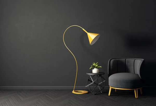 modern black living room with black armchair, table and long yellow lamp