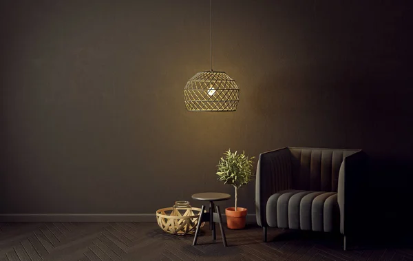 Modern Nappali Sötét Színekben Fekete Fotel Barna Asztal Fénylő Lámpa — Stock Fotó