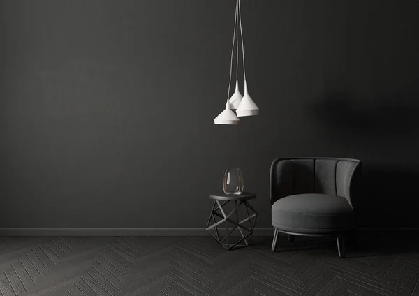 Modernes Dunkles Wohnzimmer Mit Schwarzem Sessel Metallischem Tisch Und Weißen — Stockfoto