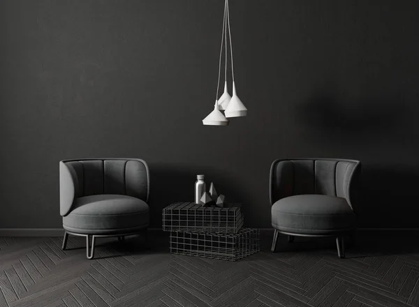 Modern Sötét Nappali Fekete Fotelek Mettalic Asztal Fehér Fényű Lámpa — Stock Fotó