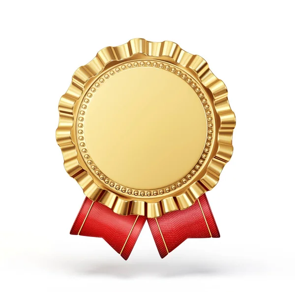 Medalla Oro Con Cinta Roja Aislada Sobre Fondo Blanco —  Fotos de Stock