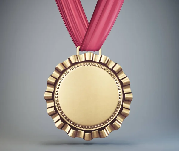 Gold Medal Red Ribbon Grey Background — Stock Photo, Image