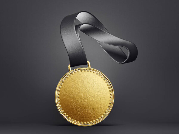 gold medal with ribbon on black background