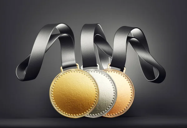 Gold, silver and bronze medals on black background.