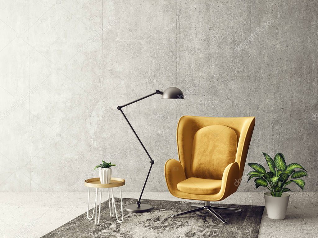 modern living room with yellow armchair, table, big lamp, vase and grey shabby wall