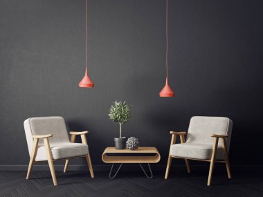 modern oturma odası koltuk ve siyah duvar ile. İskandinav iç tasarım mobilya. 3D render illüstrasyon