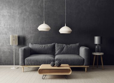 Kanepesi ve lambası olan modern oturma odası. İskandinav iç dizayn mobilyası. 3d resimleme