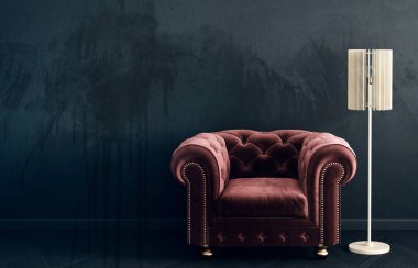 Kırmızı koltuğu ve lambası olan modern oturma odası. İskandinav iç dizayn mobilyası. 3d resimleme