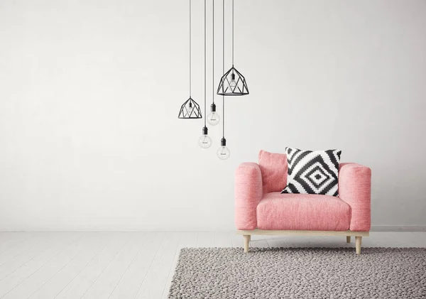 Kırmızı koltuğu ve lambası olan modern oturma odası. İskandinav iç dizayn mobilyası. 3d resimleme