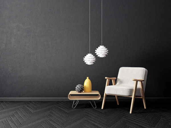 Soggiorno Moderno Con Poltrona Parete Nera Mobili Interior Design Scandinavo — Foto Stock