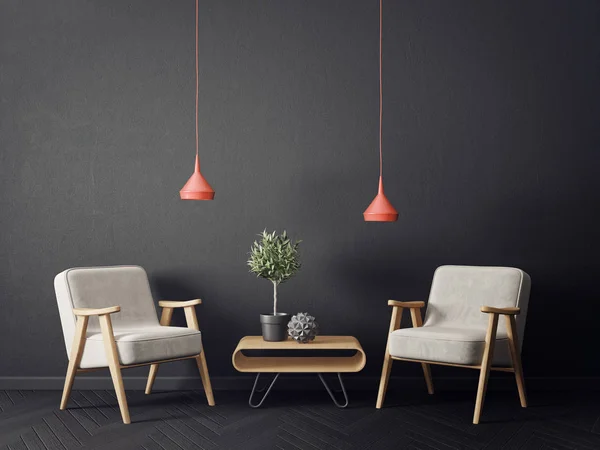 Moderna Sala Estar Con Sillones Pared Negra Muebles Escandinavos Diseño —  Fotos de Stock