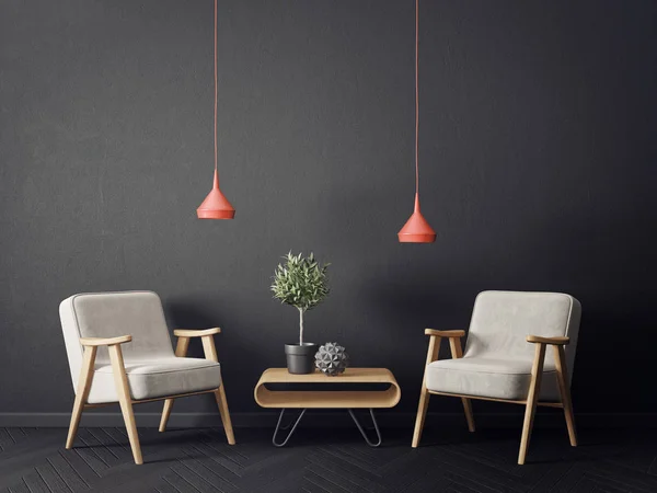 Soggiorno Moderno Con Poltrone Parete Nera Mobili Interior Design Scandinavo — Foto Stock