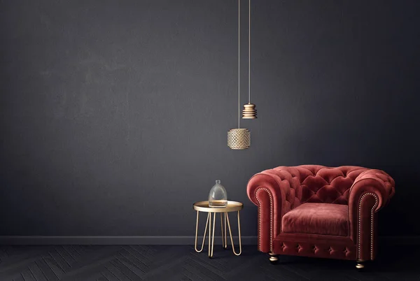 Moderne Woonkamer Met Rode Fauteuil Lamp Scandinavische Interieur Meubels Illustratie — Stockfoto