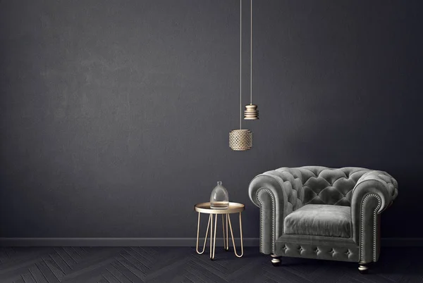Moderna Sala Estar Con Sillón Gris Lámpara Muebles Escandinavos Diseño —  Fotos de Stock