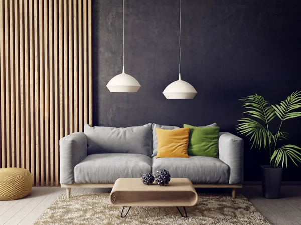 modern living room  with sofa  and lamp. scandinavian interior design furniture. 3d render illustration