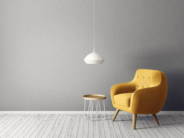 modern living room  with yellow armchair and lamp. scandinavian interior design furniture. 3d render illustration