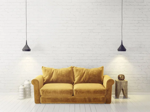 黄色のソファ ランプ モダンなリビング ルーム 北欧のインテリア デザインの家具 レンダリング図 — ストック写真