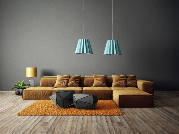 Sala Estar Moderna Com Sofá Amarelo Lâmpada Móveis Design Interiores — Fotografia de Stock